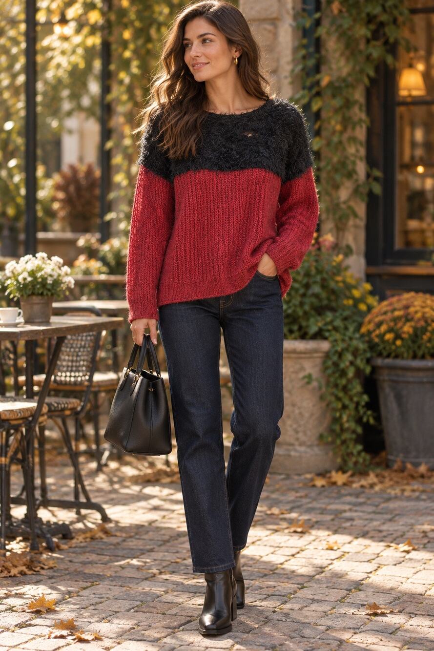 Two by Vince Camuto Red Black Colorblock Eyelash Knit Pullover Sweater